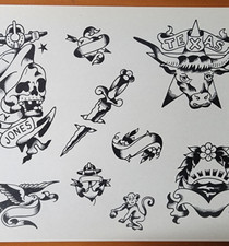 RARE Milton Zeis Traditional Vintage Tattoo Flash Sheet Davy Jones, Texas NOS