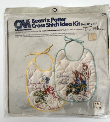 Vintage Columbia Minerva Beatrix Potter Peter Rabbit Cross Stitch Bibs Kit 1977