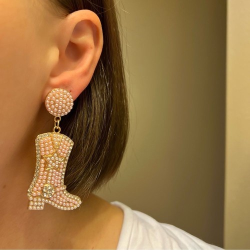 Orecchini pendenti stivali cowboy western cowgirl perle rosa scintillante e zirconi diamanti NUOVI - Foto 2 di 4