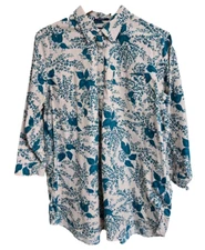 Lands Womans Shirt Sz 18 Teal Green Blue Floral  3/4 Sleeve Suprimo Cotton