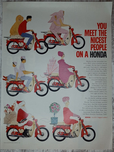1963 Honda Vintage Print Ad Scooter Motorcycle Santa Mother Father Dog Kids