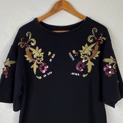 Zara Womens Size Small Black Beaded Embellished Embroidered Sequin Shirt  Dress