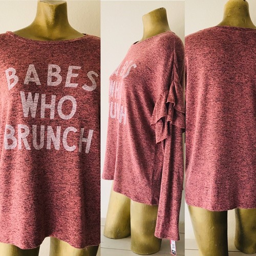 Xhilaration NWT Influencer Style BABES WHO BRUNCH Rose RUFFLE Sleeve SWEATER XL - Picture 4 of 10