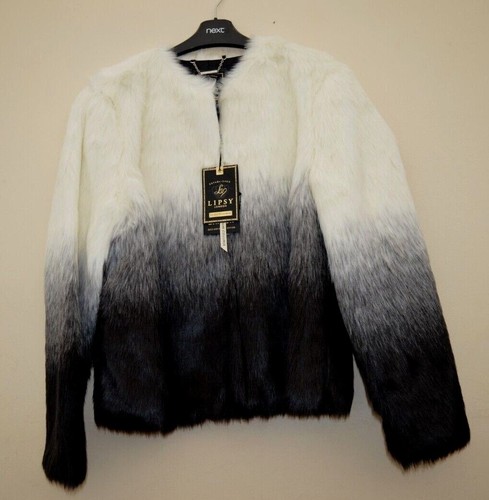 New Lipsy Delux Faux Fur Ombre Cream Grey Black Short Jacket Sz UK 16 - 第 6/7 張圖片