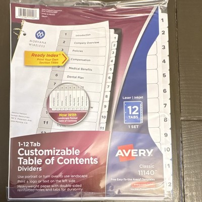 Set of 24 Avery 11140 12-tab Letter TOC Ready Index Dividers Black & White 