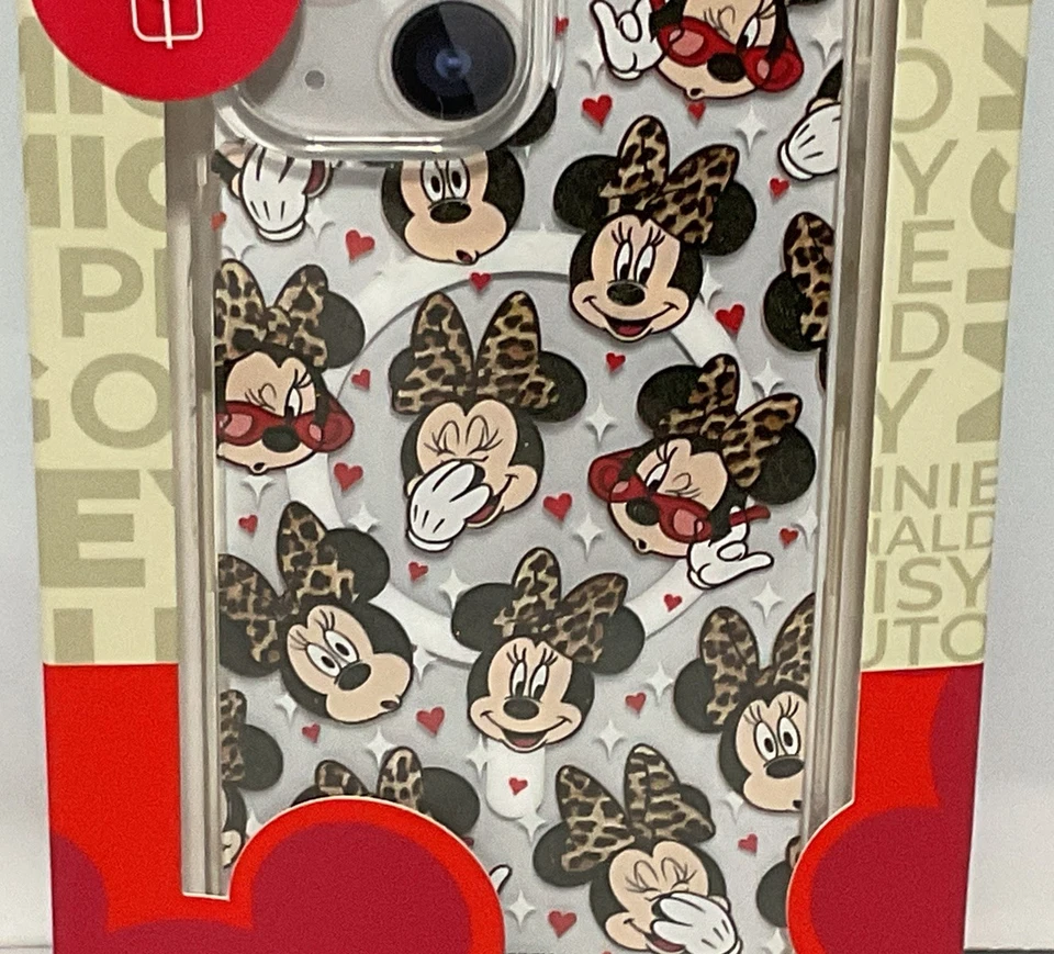 Funda Teléfono DISNEY MINNIE MOUSE Leopardo Arco y Corazón Rojo iPhone 13/14/15 NUEVA Foto 2 de 4
