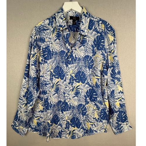 Club Room, Club Room Luxury Linen Shirt Womens L Blue Tropical Leaf Long Sleeve NEW