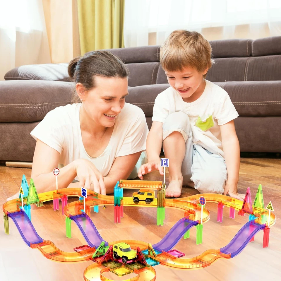 PICASSO-TILES 60PCS Race Track Magnetic Tiles 2 Cars STEM Educational Toy New - Image 2 of 4