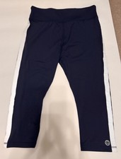 TORY SPORT TORY BURCH Navy Blue Activewear Leggings White Stripe Sz L Capri NWOT
