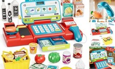 Pretend Cash Register Toy for Kids, Play Cash Register with Real Blue and Red