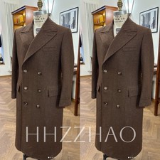 100 Cashmere Brown Men's Overcoat Peak Lapel Double Breasted Long Jackets Coat