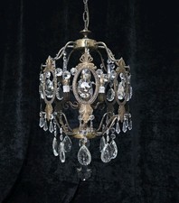Elegant Vintage Italian Large 3 Arm Cage Crystal Brass Chandelier Ceiling Light