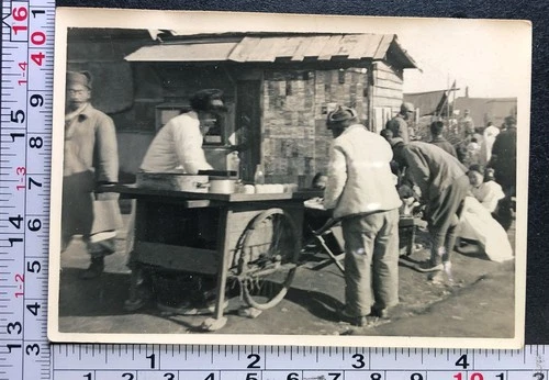 Korean War Era Street Scene Food Cart Soup Vintage BW Photo Snapshot