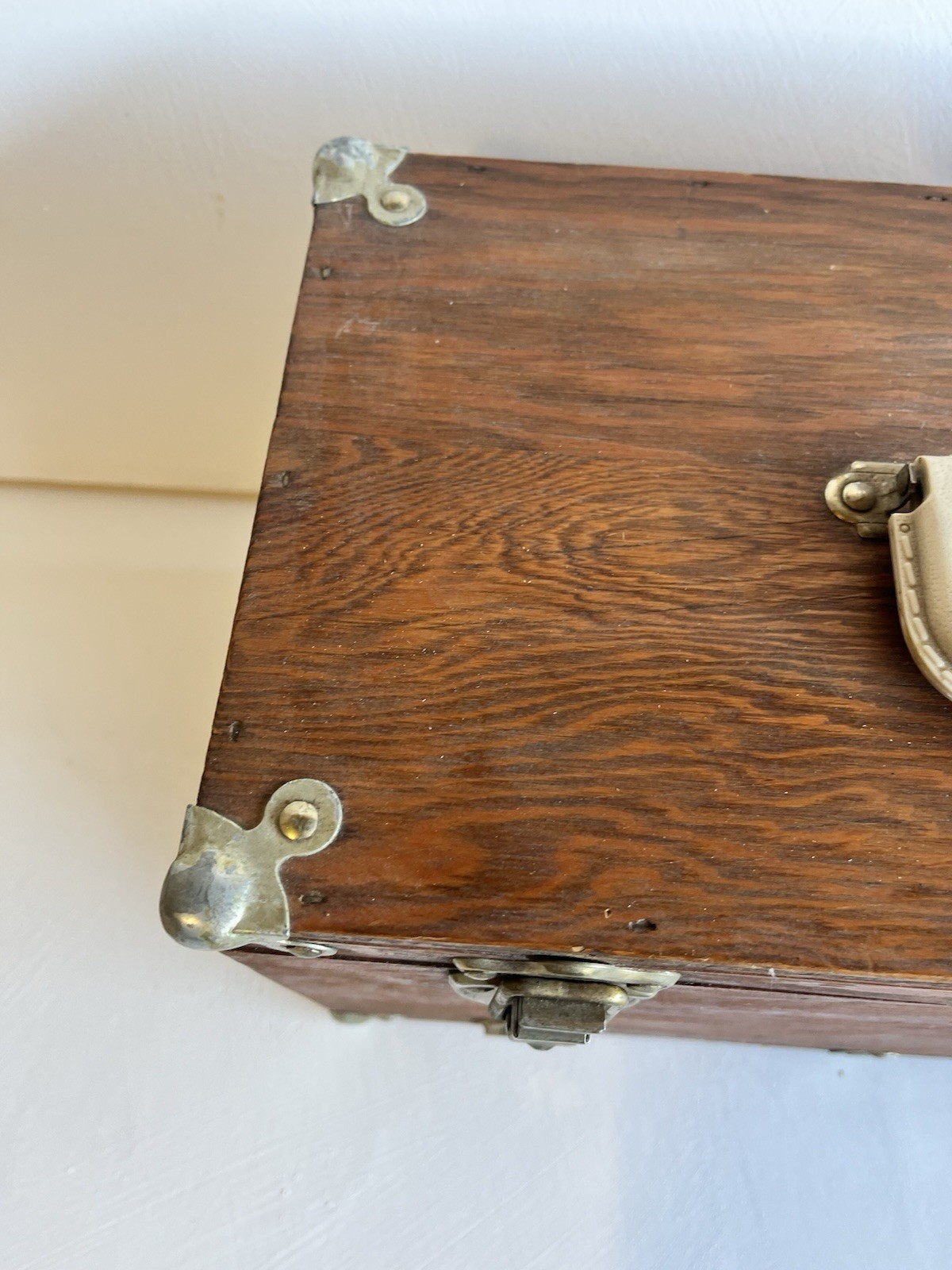 Vintage Oak Wooden Tool Chest Drop Front Storage Box Metal Corners Tray Handles