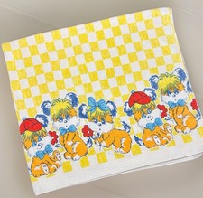 Vintage Baby Blanket Cotton Checkered Yellow Kitsch Puppy Dogs  Flowers 28x32  