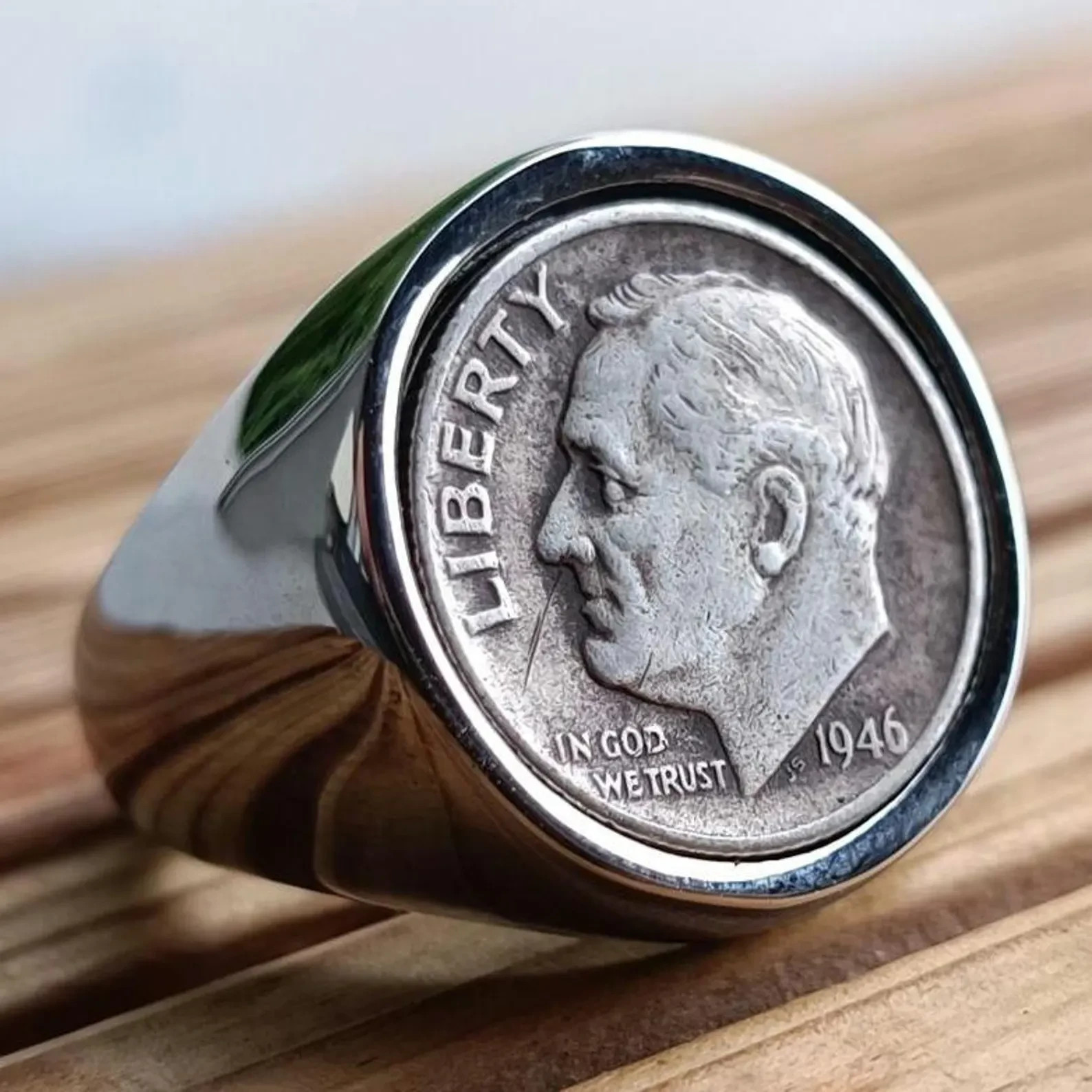 Chevalière argent et pièce de 10 cents Roosevelt bague vintage de créateur