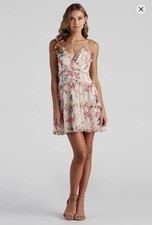 Windsor Floral Chiffon Skater Mini Dress Size S Ruffle V-Neck Open Back Boho