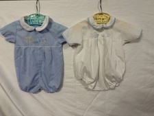 Vintage set of 2 embroidered train one piece rompers 3-6months blue and white