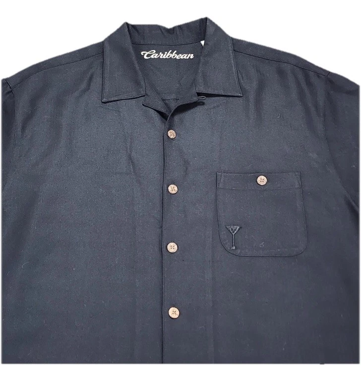 Caribbean Shirt Mens Large Black Camp Short Sleeve Embroidered Martini Golf - Image 3 of 4