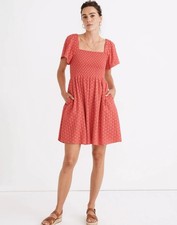 Madewell eyelet Lucie Smocked Mini Dress Small Petite, red