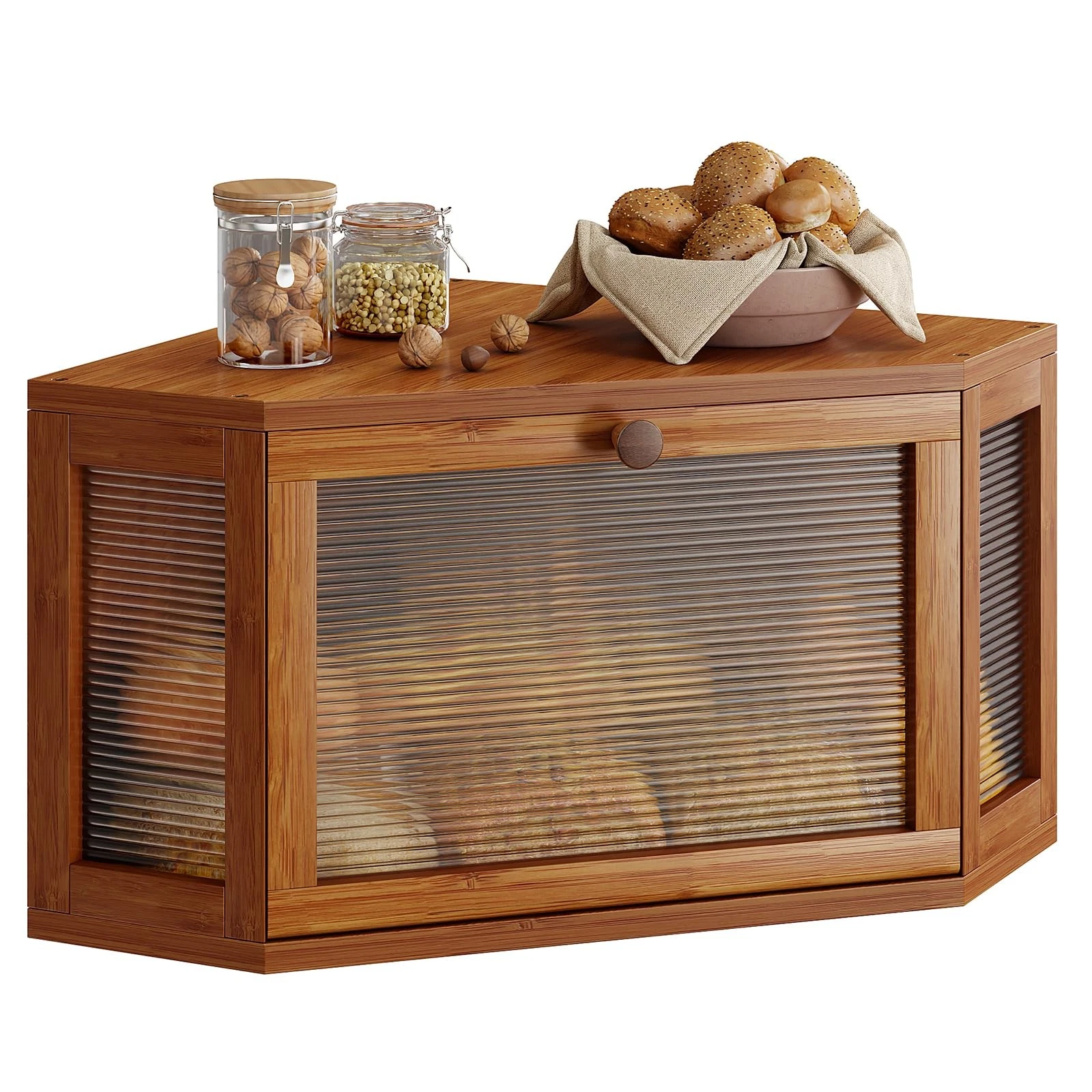 WOWLIVE Corner Bread Box for Kitchen Countertop, Bamboo Bread Storage Contain...