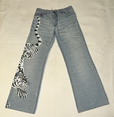 Roberto Cavalli 2004 Vintage Runway One-Of-A-Kind  Hand Painted White Tiger Jean