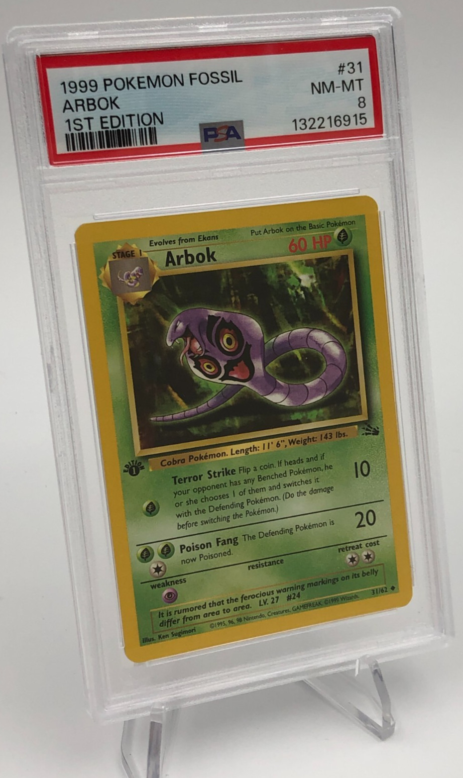 1999 POKEMON FOSSIL Trading Card ARBOK #31/62 1ST EDITION graded PSA NM-MT 8