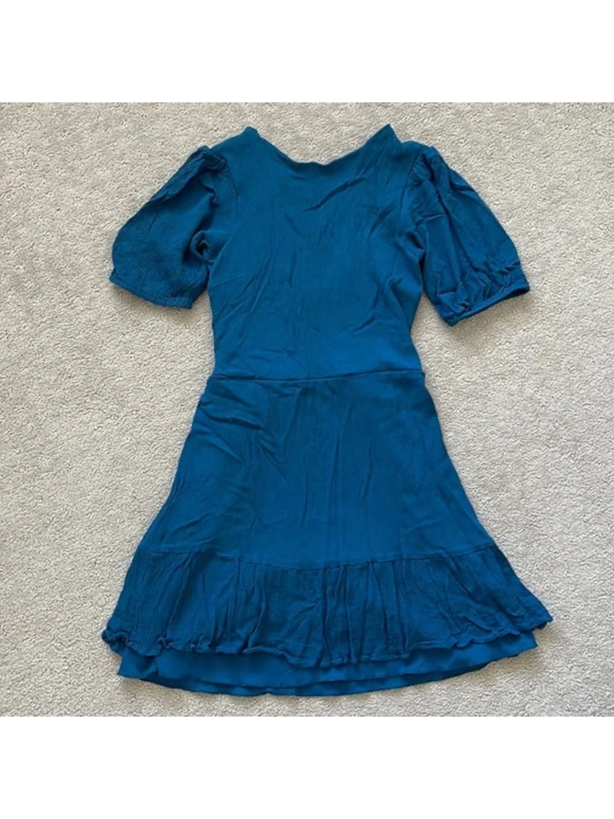 B DARLIN Womens Short Dress Teal Pouf Sleeve Tie Back Juniors 3\4