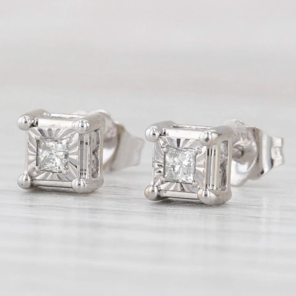 0.16ctw Princess Diamond Stud Earrings 14k White Gold Solitaire Studs - Image 3 of 4