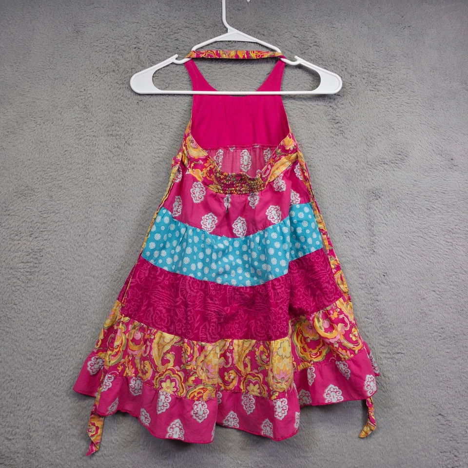Girls Dress 6 Pink Halter Tiered Patchwork Boho Photoshot Wedding Guest Beach - Image 2 of 4