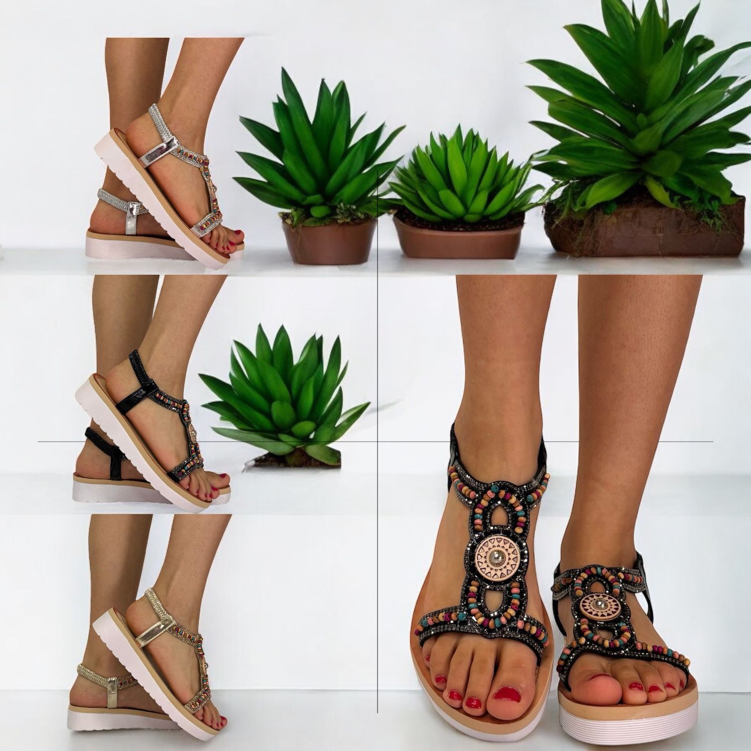 Sandalias boho para mujer con cuentas T-Bar suela de plataforma correa para el tobillo zapatos de playa de verano