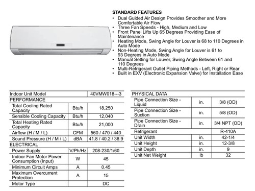 Carrier 40VMW Ductless High Wall Indoor VRF Unit 18,000 Btu - Picture 2 of 4