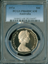 1974 AUSTRALIA 50 CENTS PCGS PF68 DCAM MAC FINEST ULTRA HEAVY CAMEO & SPOTLESS .