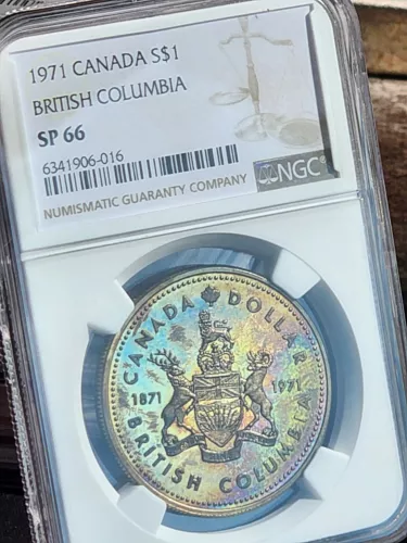 1971 Canada British Columbia Dollar NGC SP66 Rainbow Toned Silver Coin