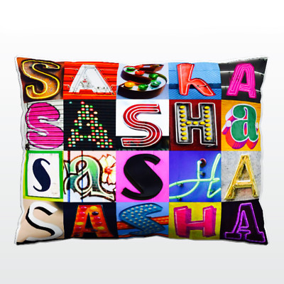 Personalized Pillow featuring the name SASHA in photos of actual sign letters