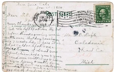 Panama Pacific Exposition San Fran flag cancel, San Jose CA on Post Card, 1914
