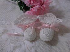 Handmade, Crocheted Baby Booties - White w/Pink Ribbons
