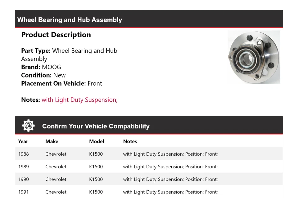 Para 1988-1991 Chevrolet K1500 rolamento de roda e conjunto de cubo dianteiro MOOG 1988 - Imagem 2 de 4