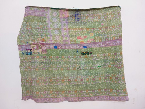 Handmade Throw Blanket Kantha Quilt Indian Vintage Cotton Green Bedspreads - Picture 2 of 3