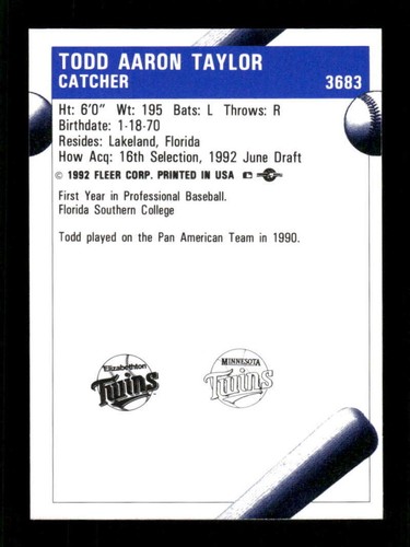 1992 Fleer ProCards Elizabethton Twins 3683 Todd Taylor BXCP32 - Picture 2 of 2