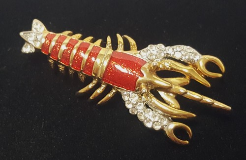 Crayfish Brooch Red Enamel Rhinestones GP Pin Crawfish Crawdad Crustacean 1.75"L - Picture 7 of 15