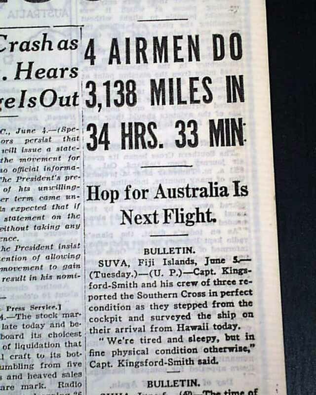 TRANSPACIFIC Airplane Flight AUSTRALIA Charles Kingsford Smith 1928 Newspaper eBay