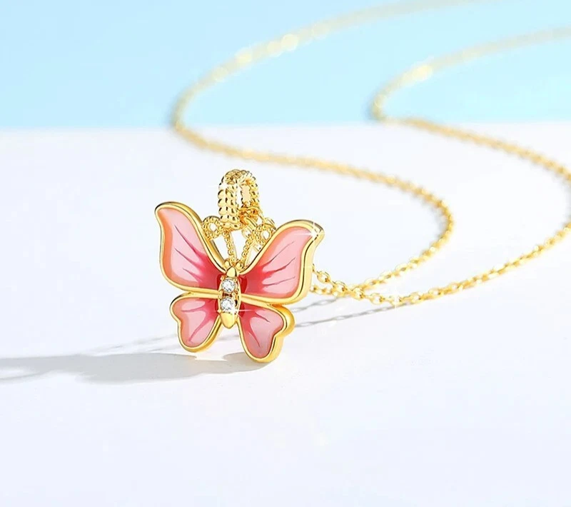 Collar Colgante Oro 18K Mariposa Rosa Esmalte Regalo Foto 4 de 4