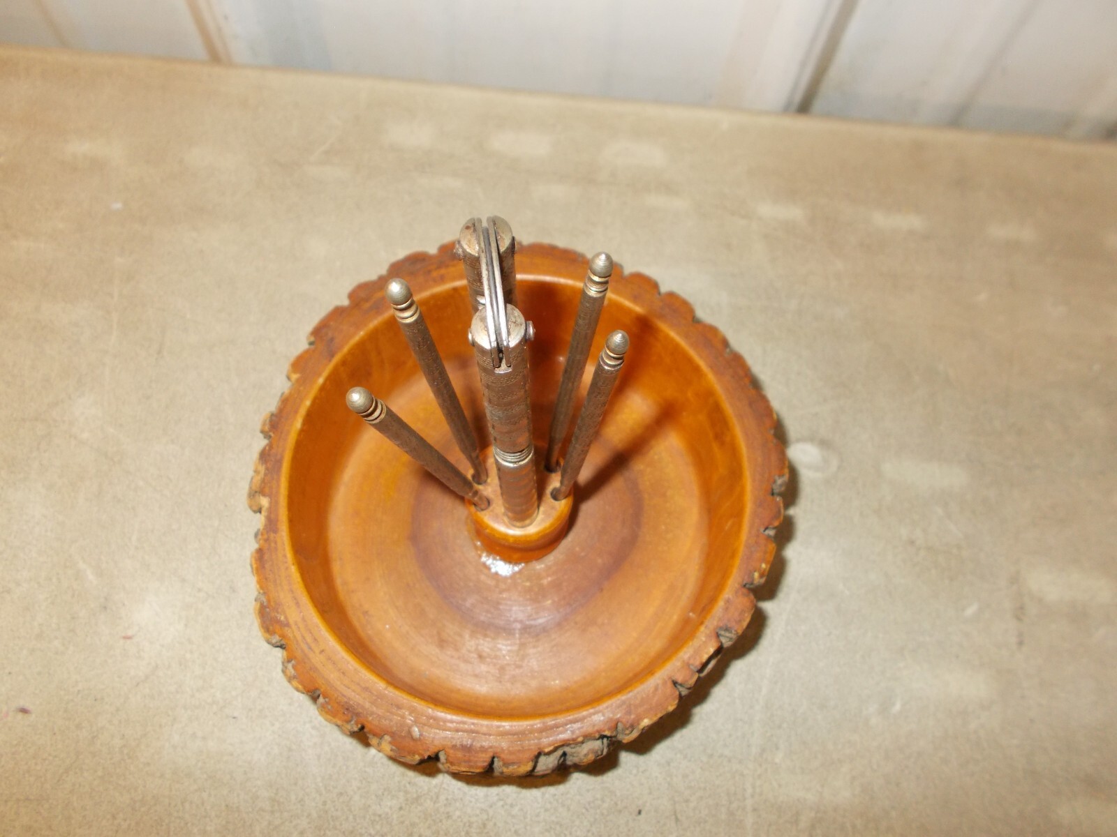 Vintage MCM turned WOODEN WOOD NUT BOWL with vintage NUT CRACKER and 4