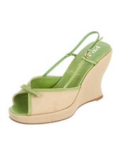 PRADA VTG Green Leather Trim Tan Canvas Strappy Platform Peep Toe Sandals 5 35
