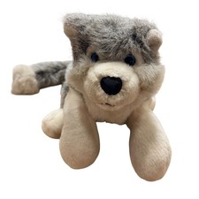 A A Plush Husky Dog Wolf Stuffed Animal Grey White Blue Eyes Lying Toy