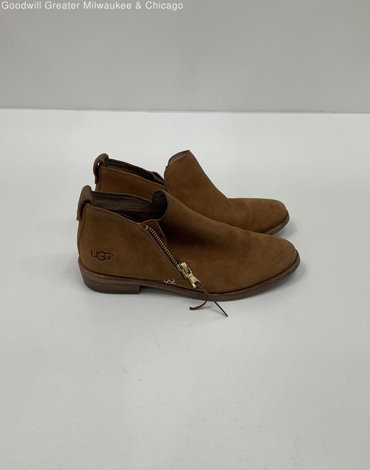 UGG Womens Brown Solid Leather Side Zip Ankle Boo… - image 3