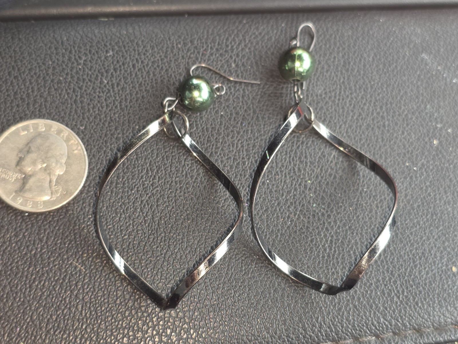 Silver Tone Twisted Hoop Hook Dangle/Drop Earrings Green Round Beads