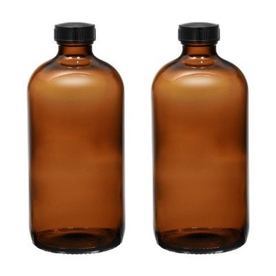 (2 Pack) - 16 oz Amber Glass Boston Round Bottles with Black Airtight Polycon...