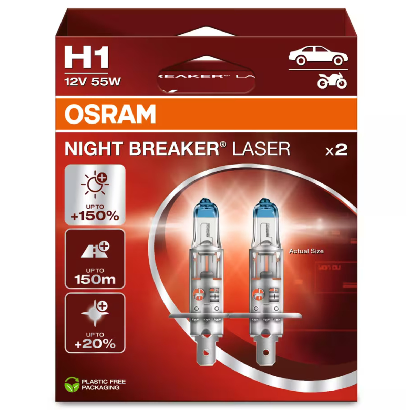 Osram H1 12V 55W Night Breaker Laser +150% Halogen Lght Headlight Twin Pack